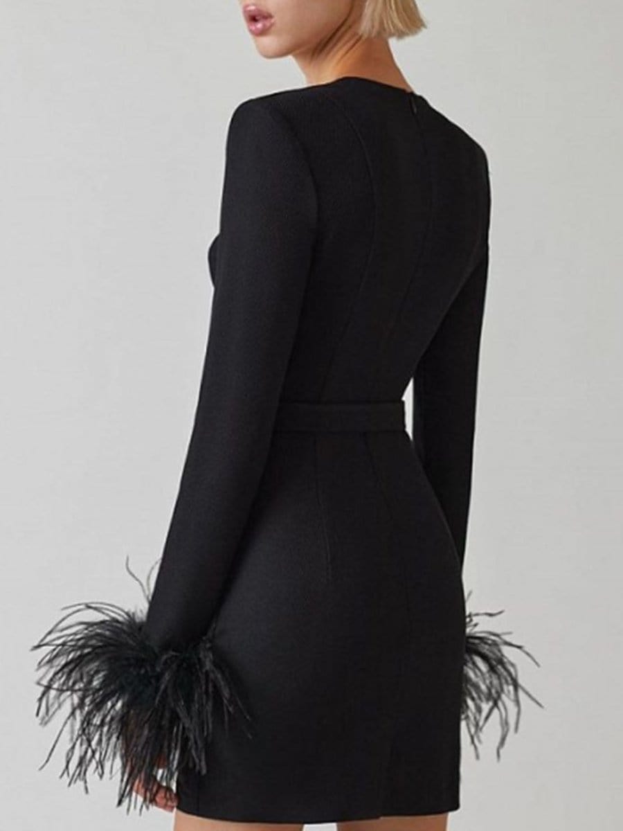 Black Sweetheart Cut Out Long Sleeve Feather Cuff Corset Belt Bodycon Mini Dress