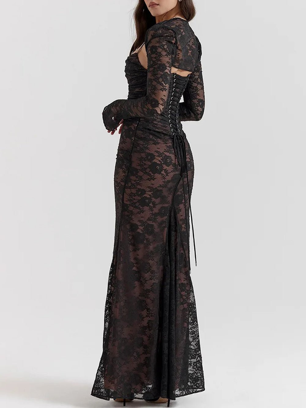 Lace Long Sleeve Bolero Overlay Ruched Spaghetti Strap Mermaid Maxi Dress