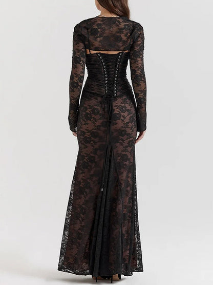 Lace Long Sleeve Bolero Overlay Ruched Spaghetti Strap Mermaid Maxi Dress