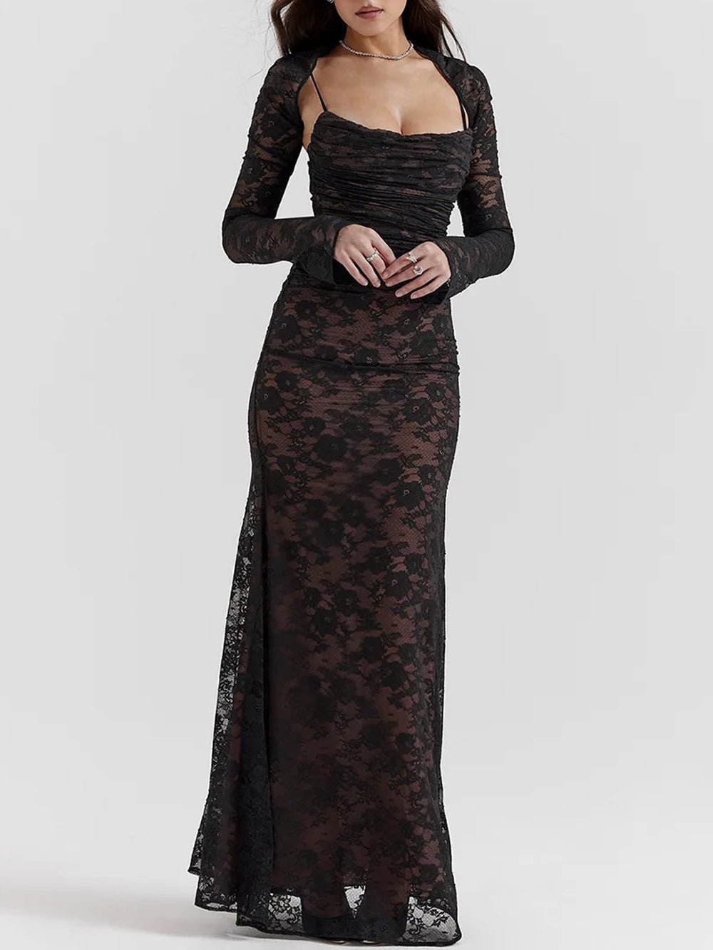Lace Long Sleeve Bolero Overlay Ruched Spaghetti Strap Mermaid Maxi Dress
