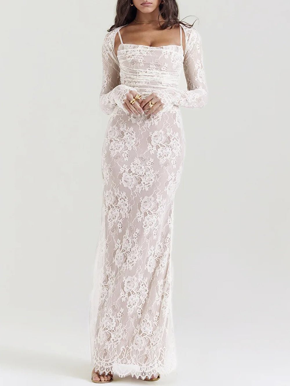 Lace Long Sleeve Bolero Overlay Ruched Spaghetti Strap Mermaid Maxi Dress