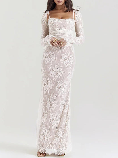Lace Long Sleeve Bolero Overlay Ruched Spaghetti Strap Mermaid Maxi Dress