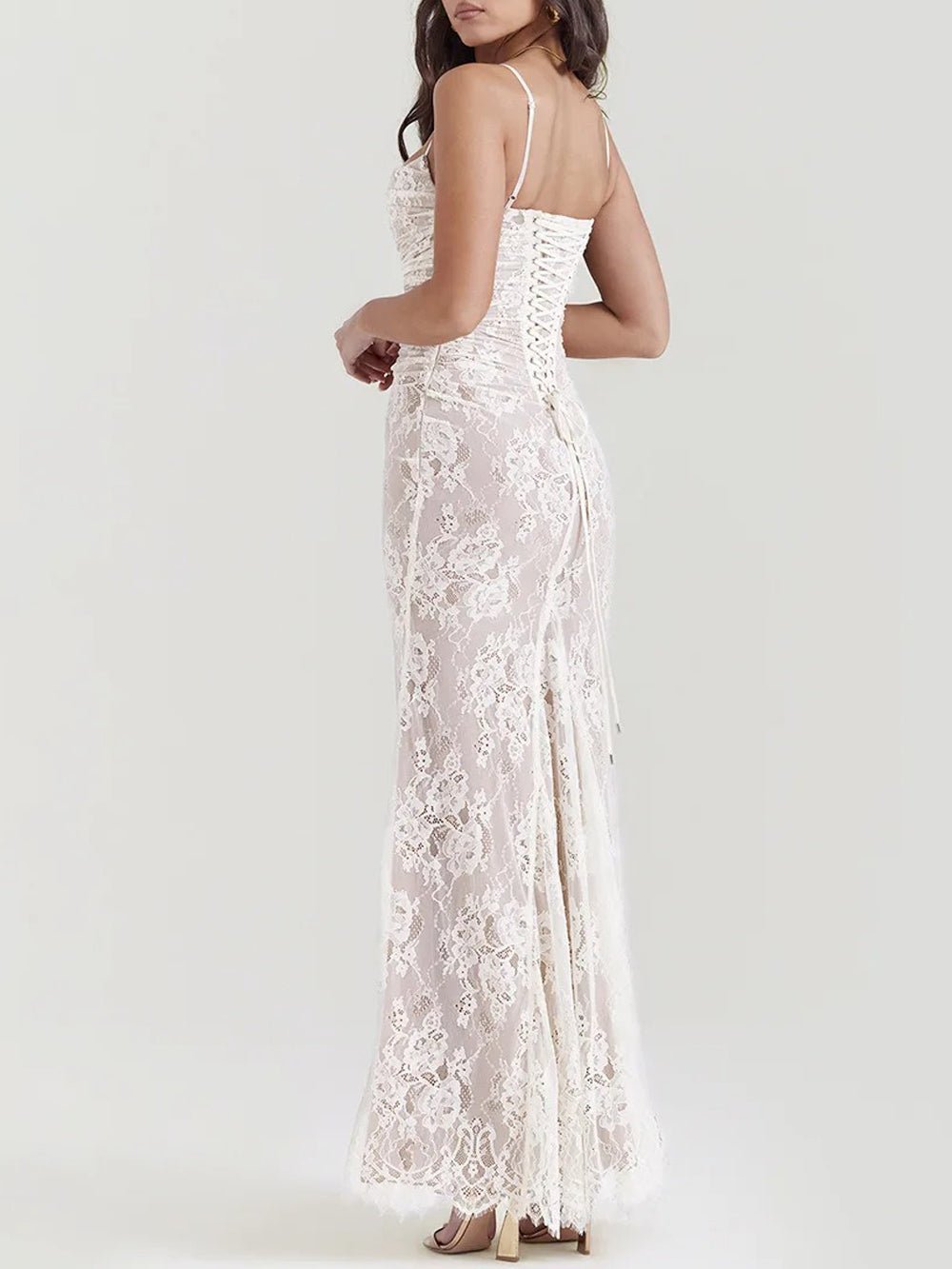 Lace Long Sleeve Bolero Overlay Ruched Spaghetti Strap Mermaid Maxi Dress