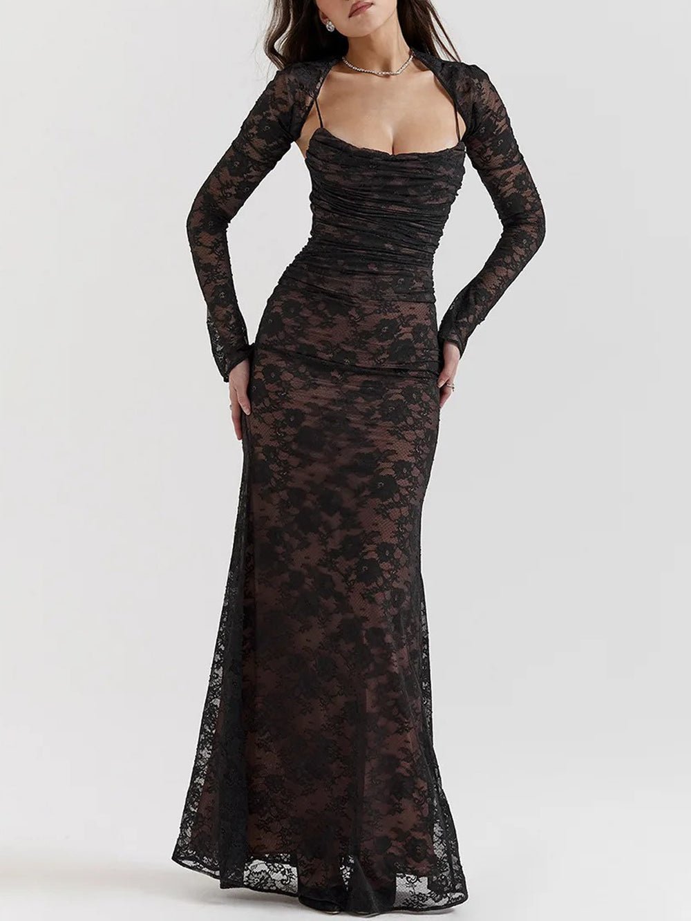 Lace Long Sleeve Bolero Overlay Ruched Spaghetti Strap Mermaid Maxi Dress