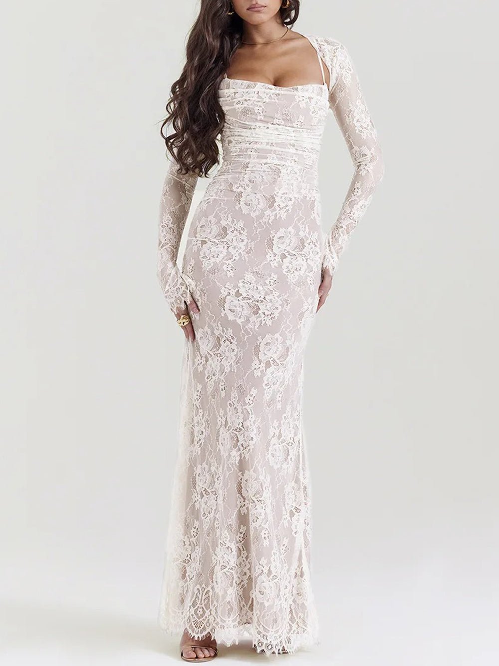 Lace Long Sleeve Bolero Overlay Ruched Spaghetti Strap Mermaid Maxi Dress