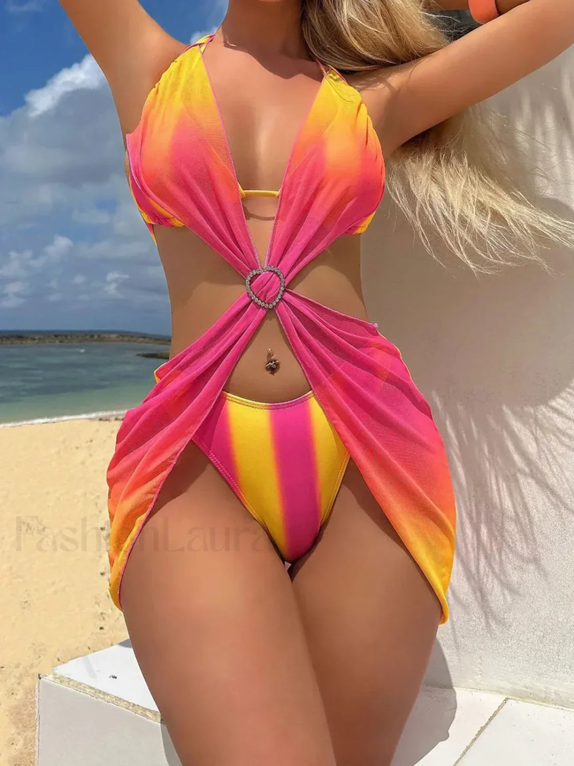 Tie-Dye Striped Dress Bikini Three Piece Set