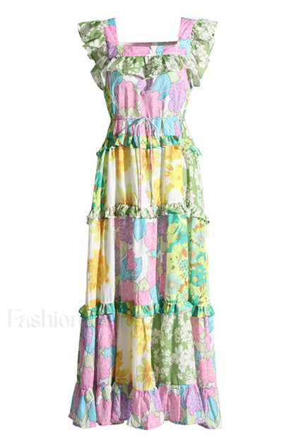 Tiered Patchwork Stylish Midi Dress