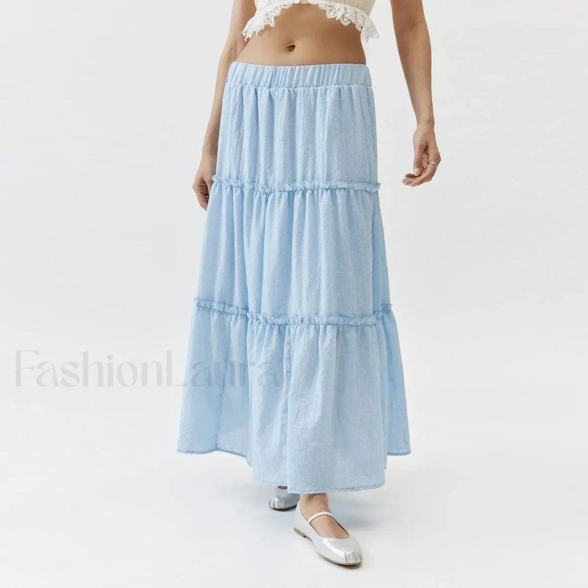 Tiered Pleated Swing Maxi Skirt
