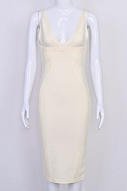 Cream Deep V-Neck Diagonal Panel Bandage Bodycon Midi Dress