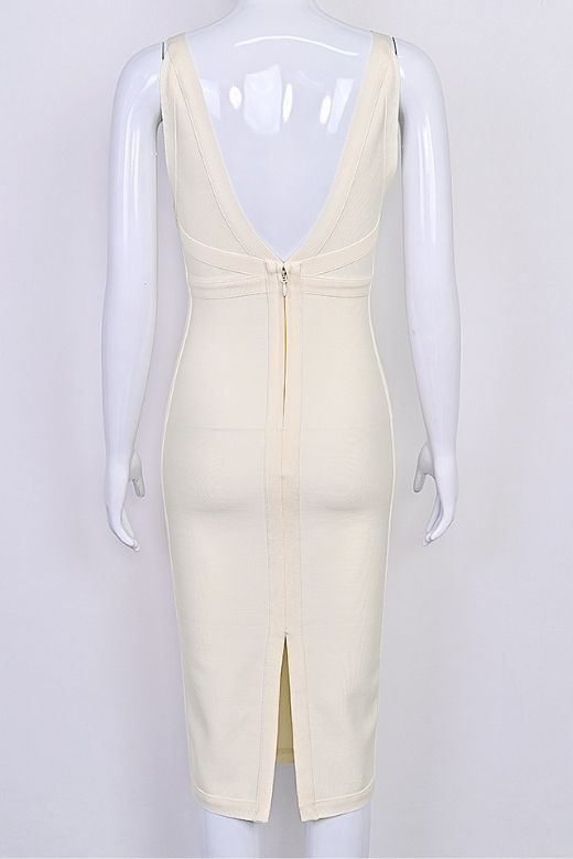 Cream Deep V-Neck Diagonal Panel Bandage Bodycon Midi Dress