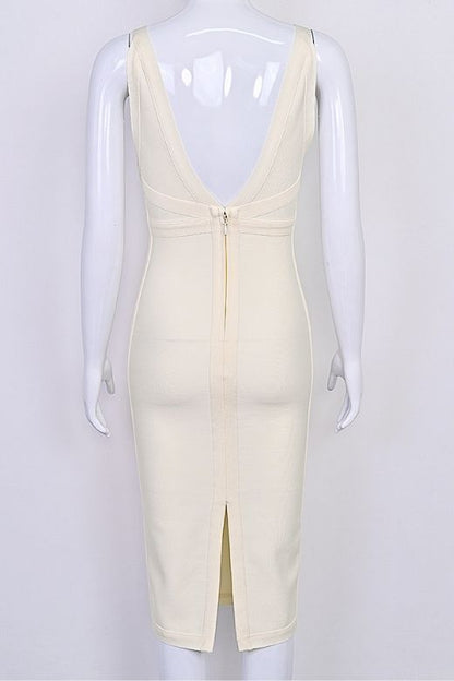 Cream Deep V-Neck Diagonal Panel Bandage Bodycon Midi Dress