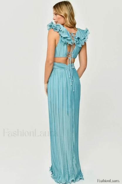 V-Neck Cut-Out Pleated Charming Split Maxi Dress