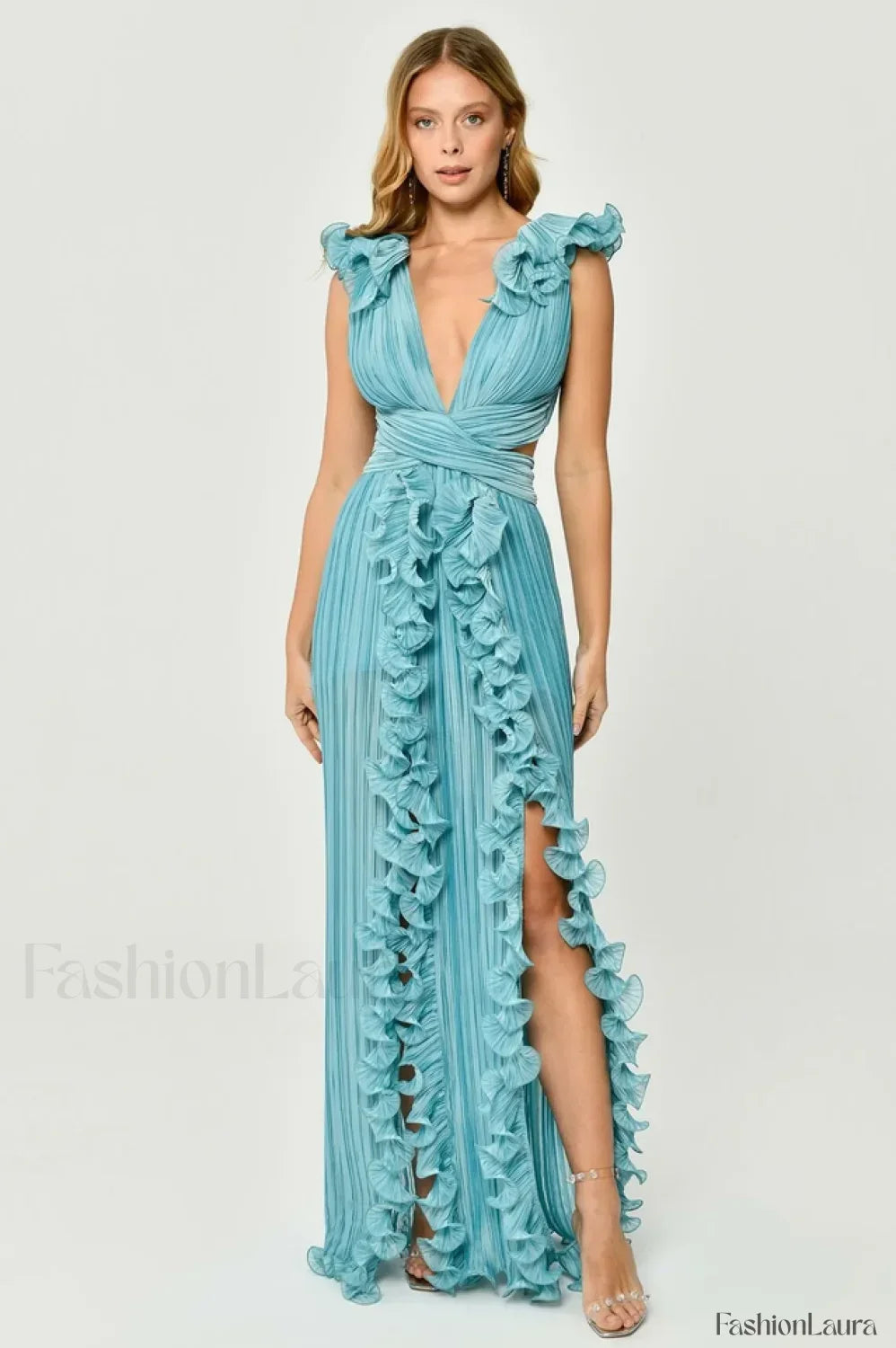 V-Neck Cut-Out Pleated Charming Split Maxi Dress