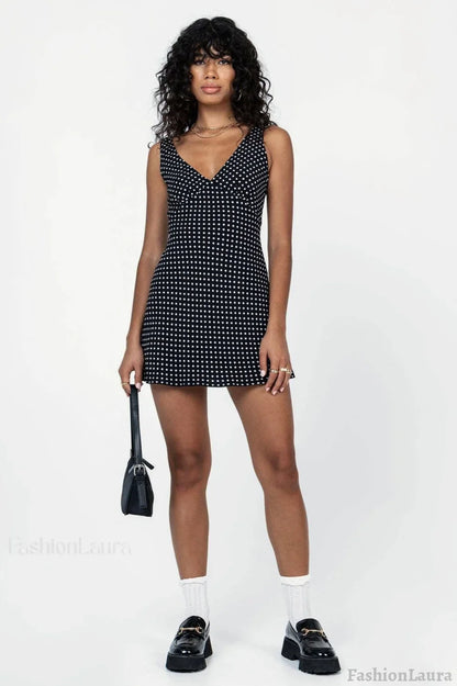 V-Neck Polka Dot Tie Waist Mini Dress