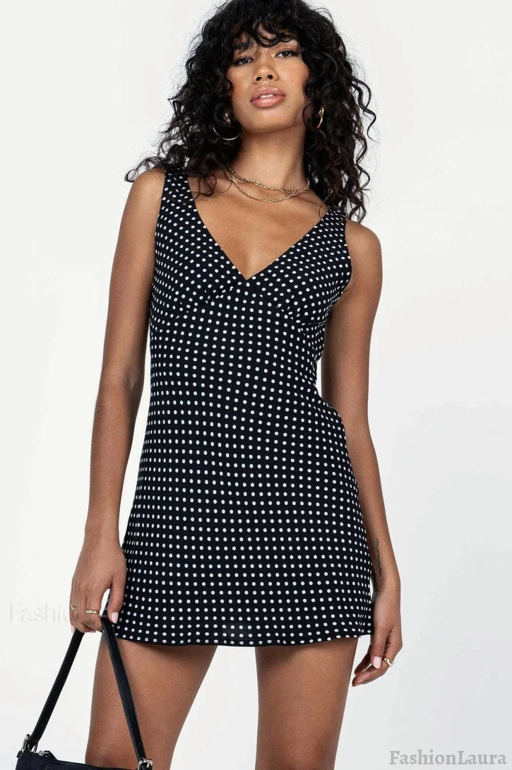 V-Neck Polka Dot Tie Waist Mini Dress