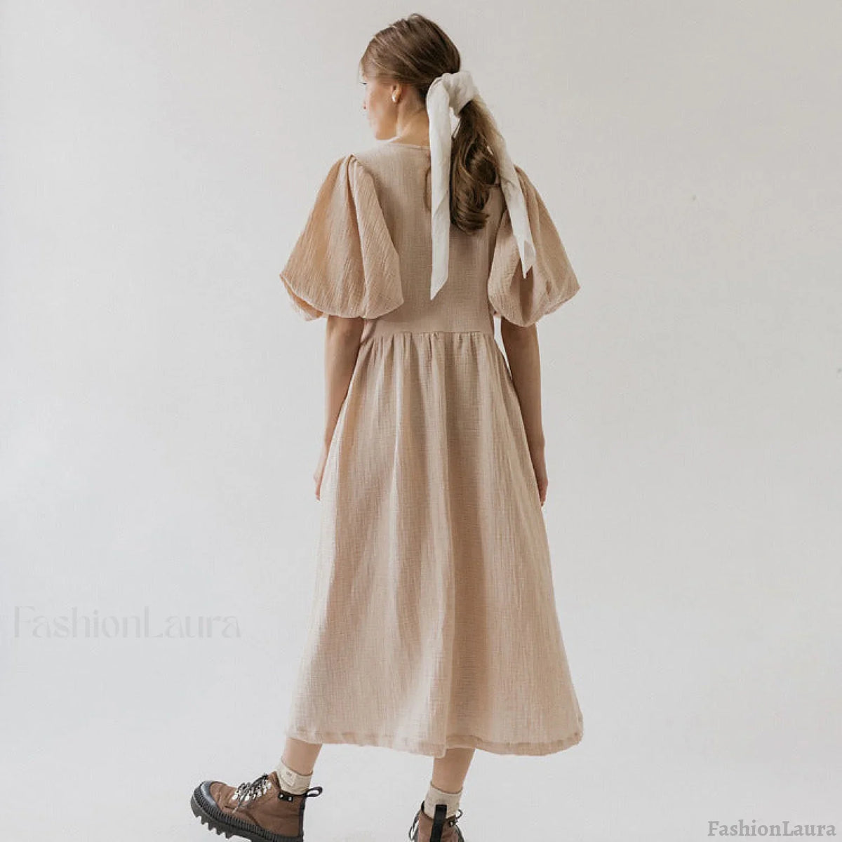 V neck Short Sleeve Lace up Dress French Office Solid Color Dress