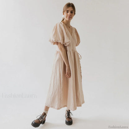 V neck Short Sleeve Lace up Dress French Office Solid Color Dress