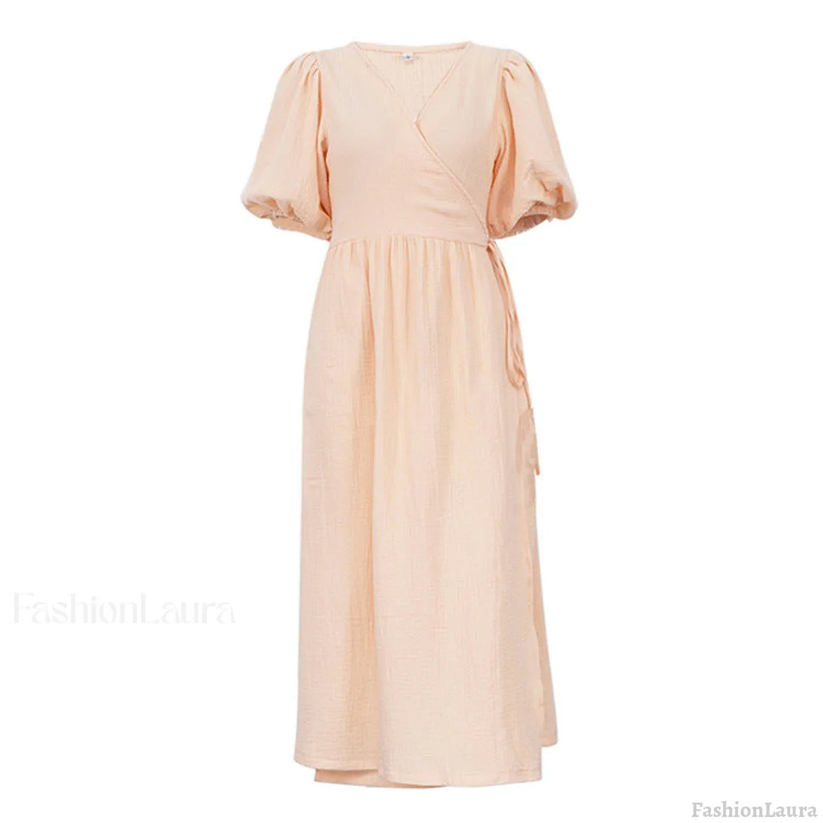 V neck Short Sleeve Lace up Dress French Office Solid Color Dress