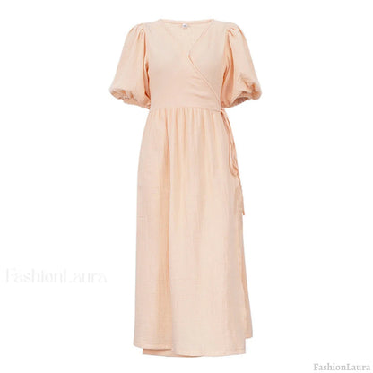 V neck Short Sleeve Lace up Dress French Office Solid Color Dress