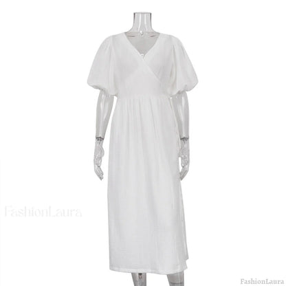 V neck Short Sleeve Lace up Dress French Office Solid Color Dress