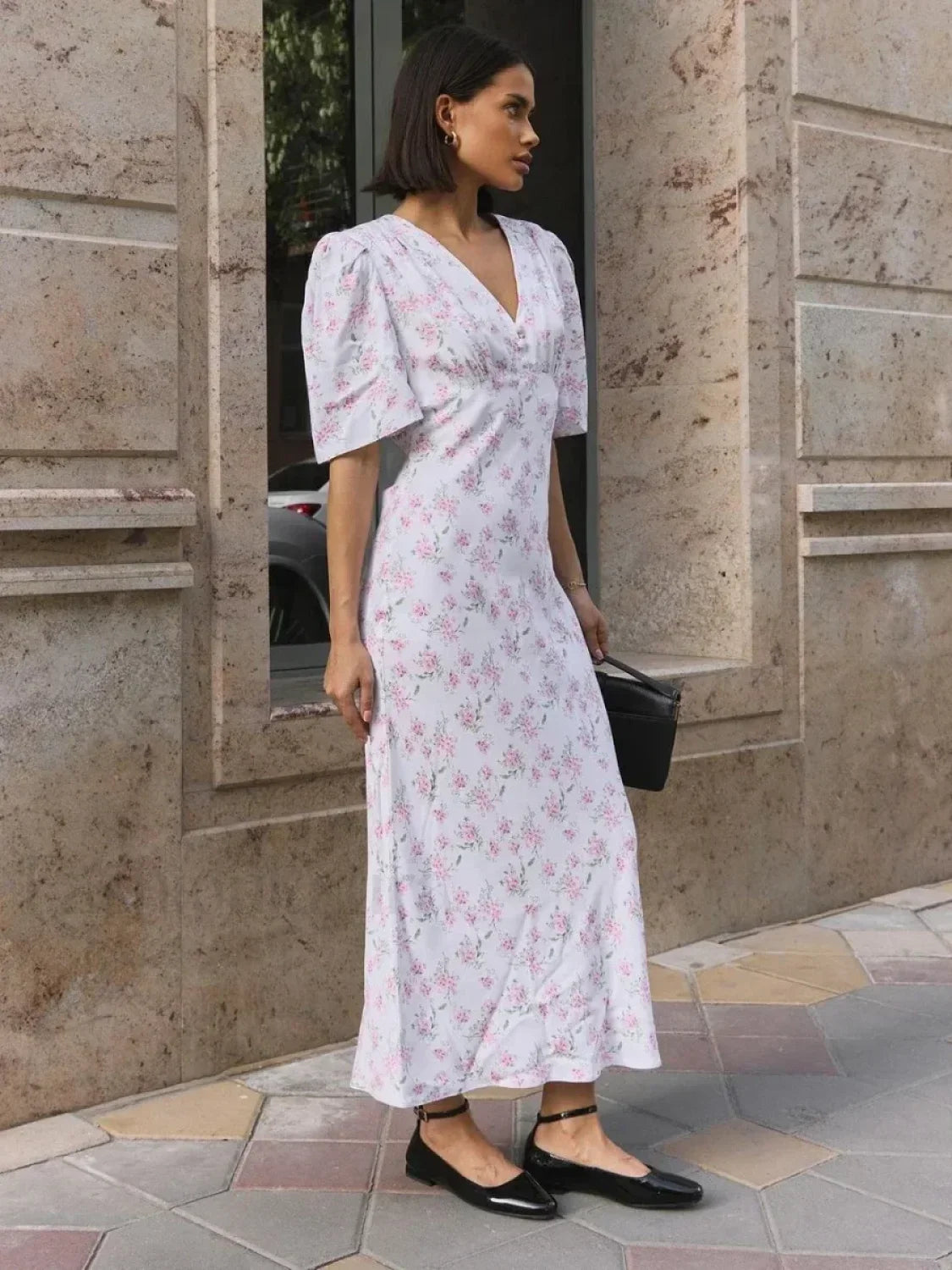 V-Neck Slim Fit Floral Dress