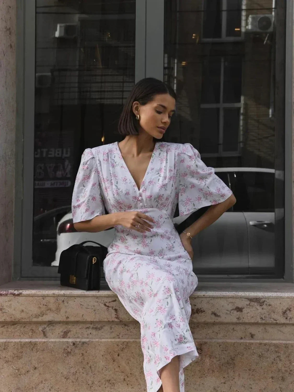 V-Neck Slim Fit Floral Dress