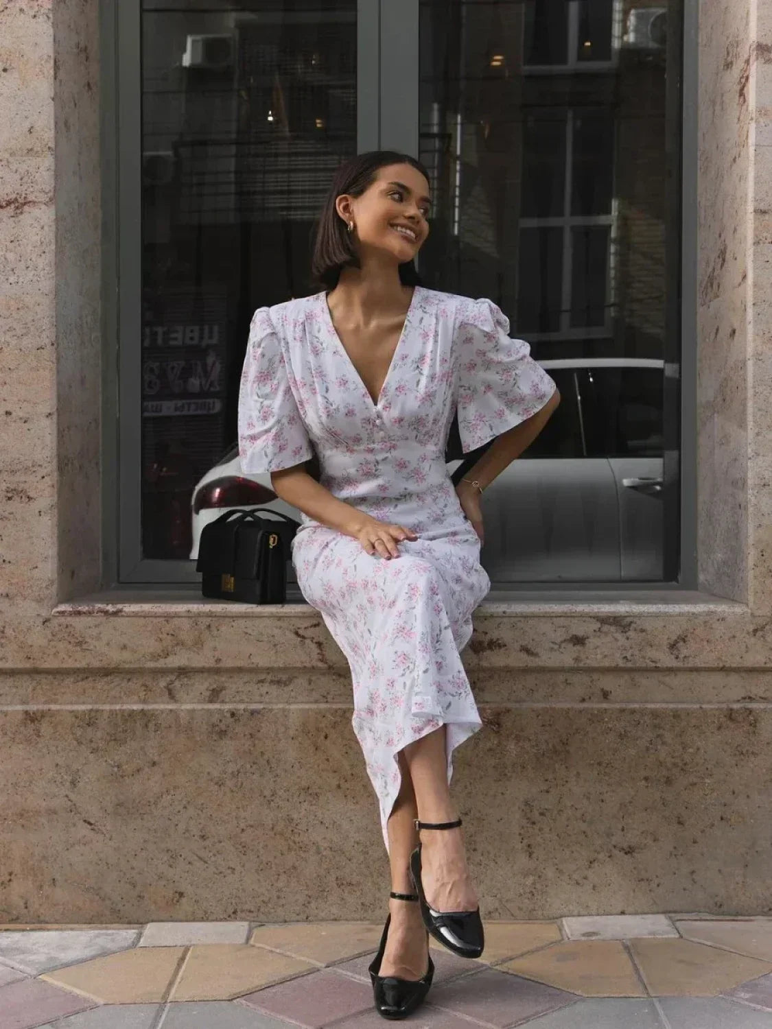 V-Neck Slim Fit Floral Dress