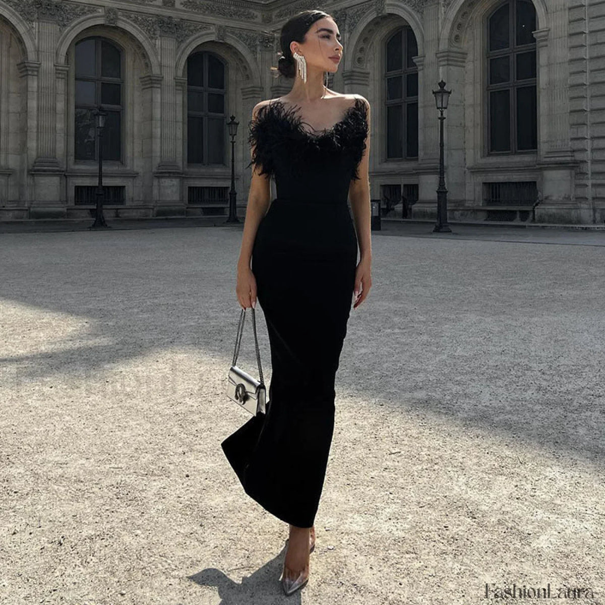 V-Neck Tube Top Fishtail Fluffy Maxi Dress