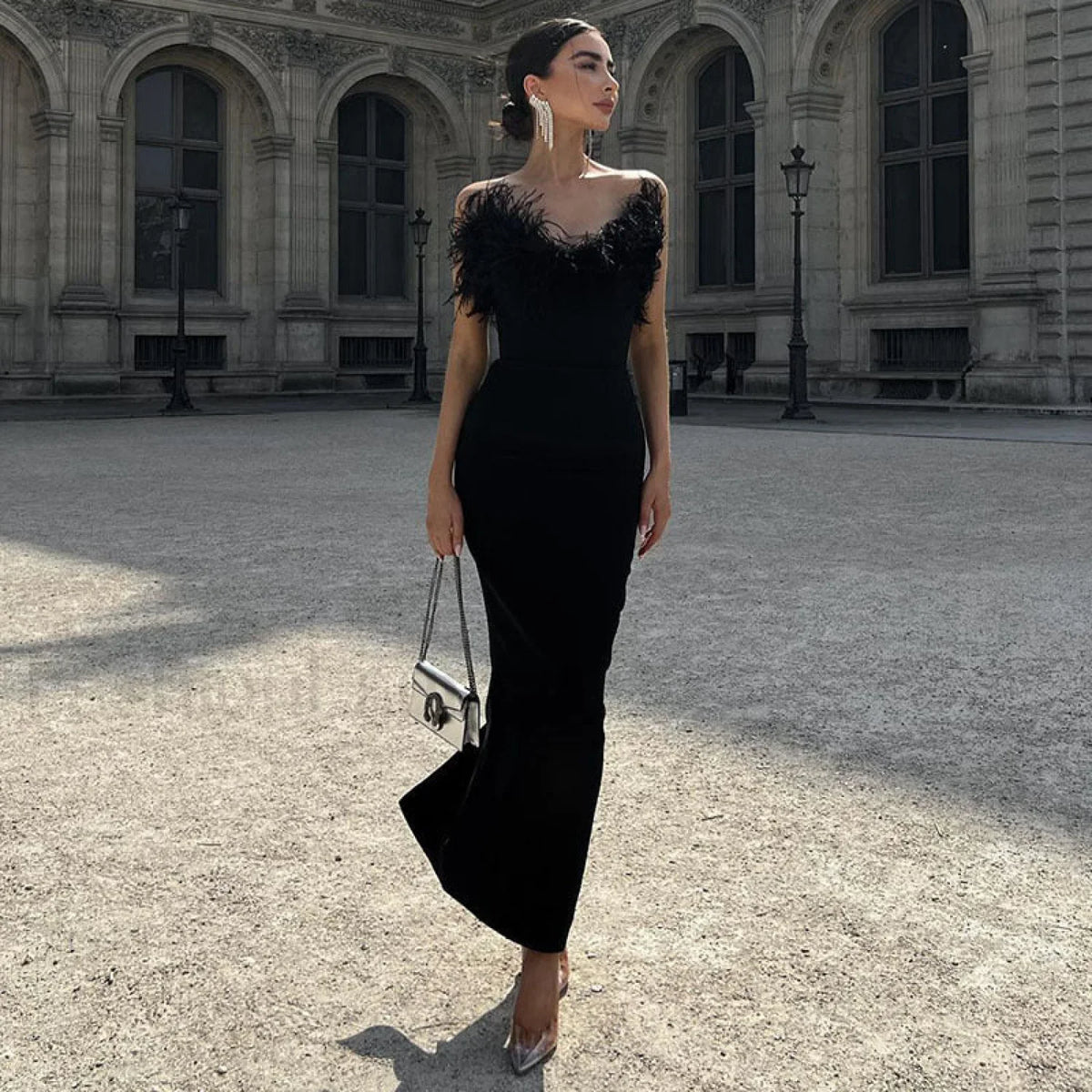 V-Neck Tube Top Fishtail Fluffy Maxi Dress