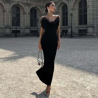 V-Neck Tube Top Fishtail Fluffy Maxi Dress