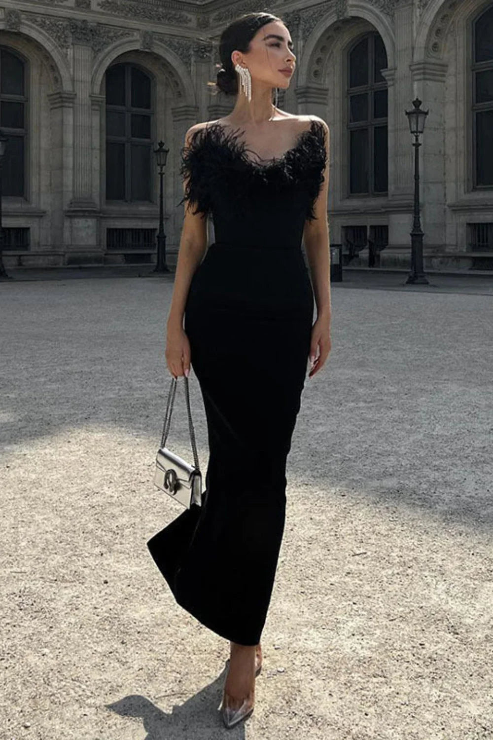 V-Neck Tube Top Fishtail Fluffy Maxi Dress