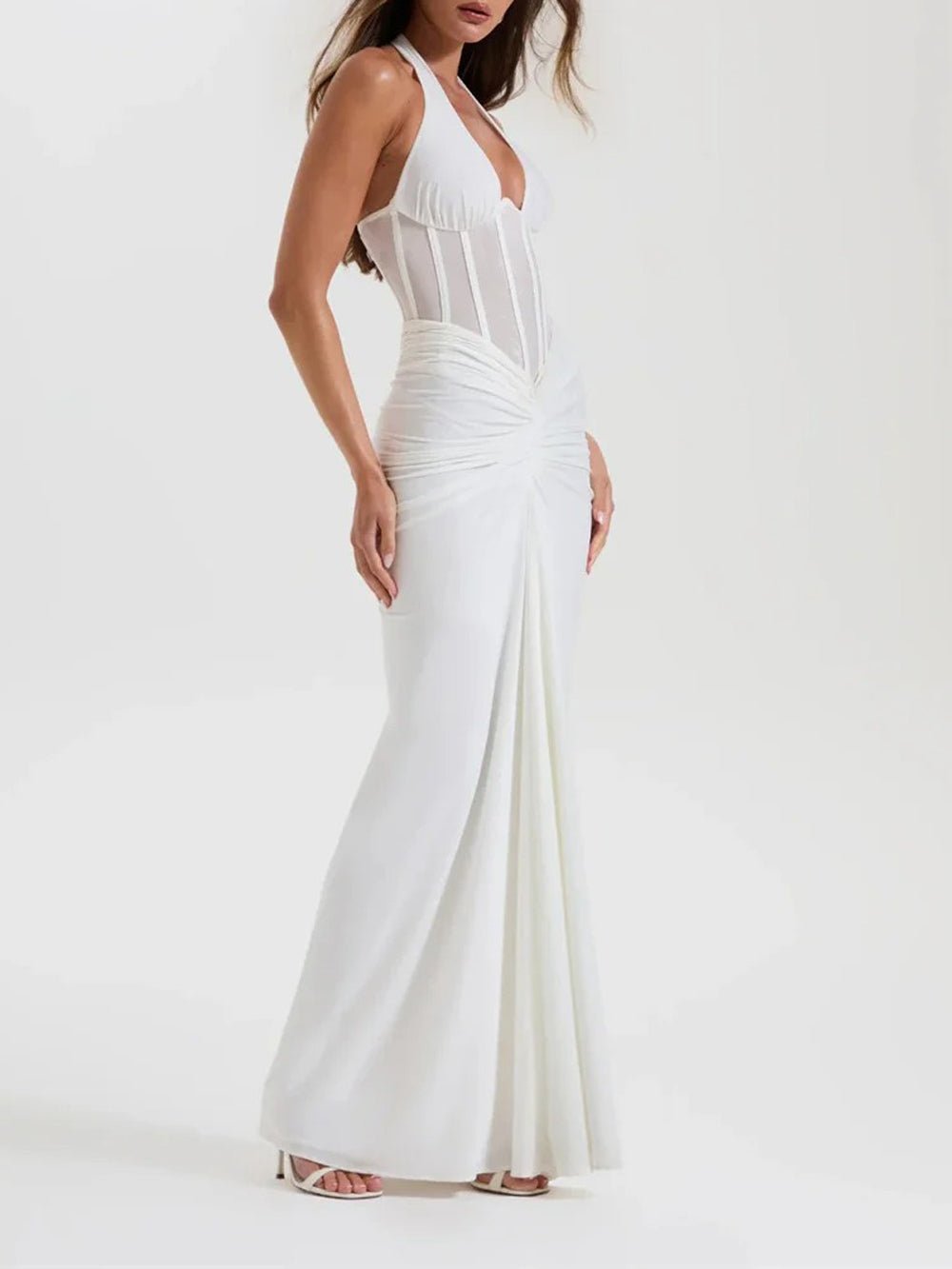 White Halter Neck Deep V-Neck Mesh Corset Bodice Front Ruched Maxi Dress