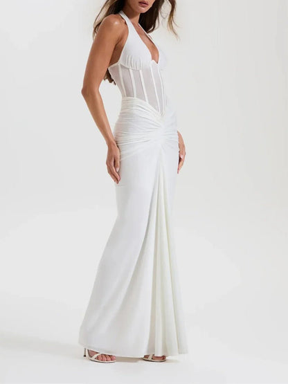 White Halter Neck Deep V-Neck Mesh Corset Bodice Front Ruched Maxi Dress