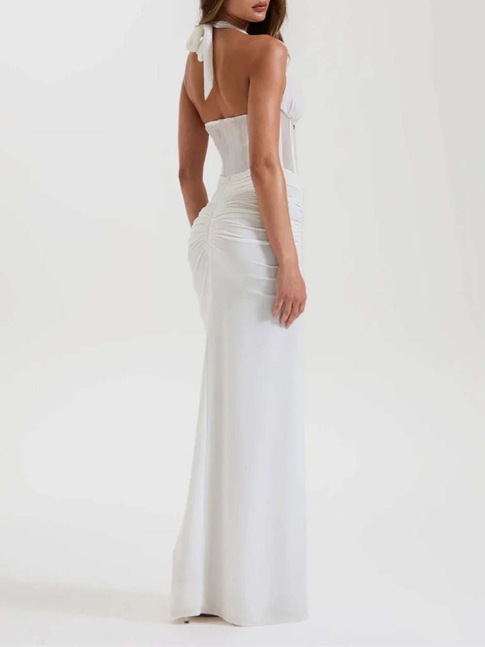 White Halter Neck Deep V-Neck Mesh Corset Bodice Front Ruched Maxi Dress