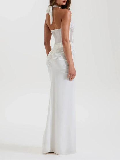 White Halter Neck Deep V-Neck Mesh Corset Bodice Front Ruched Maxi Dress
