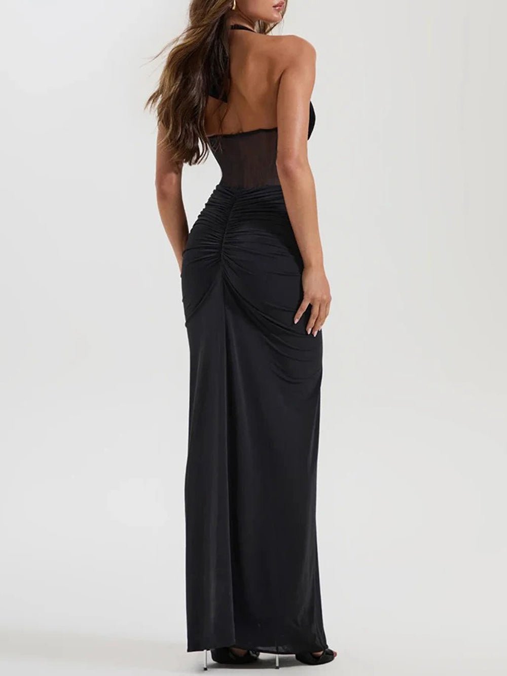 Black Halter Neck Deep V-Neck Mesh Corset Bodice Front Ruched Maxi Dress