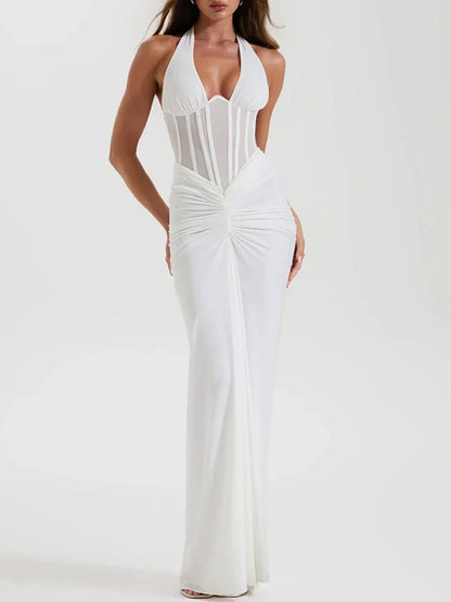 White Halter Neck Deep V-Neck Mesh Corset Bodice Front Ruched Maxi Dress