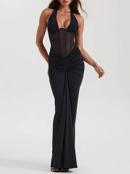 Black Halter Neck Deep V-Neck Mesh Corset Bodice Front Ruched Maxi Dress
