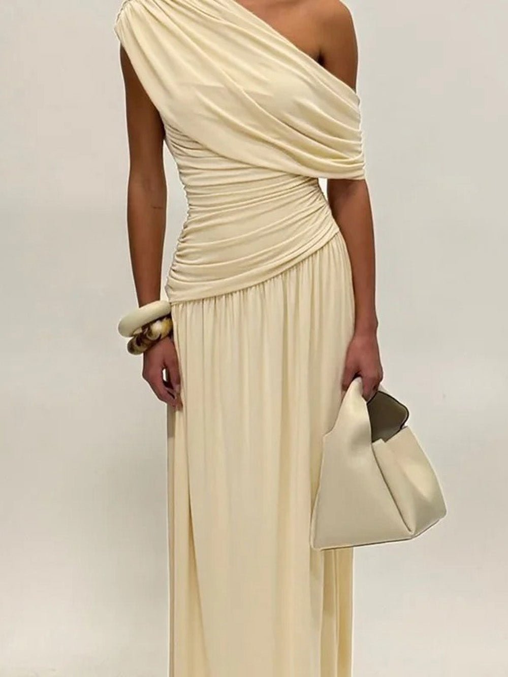 Yellow One Shoulder Ruched Bodice Pleated Drape Maxi Gown