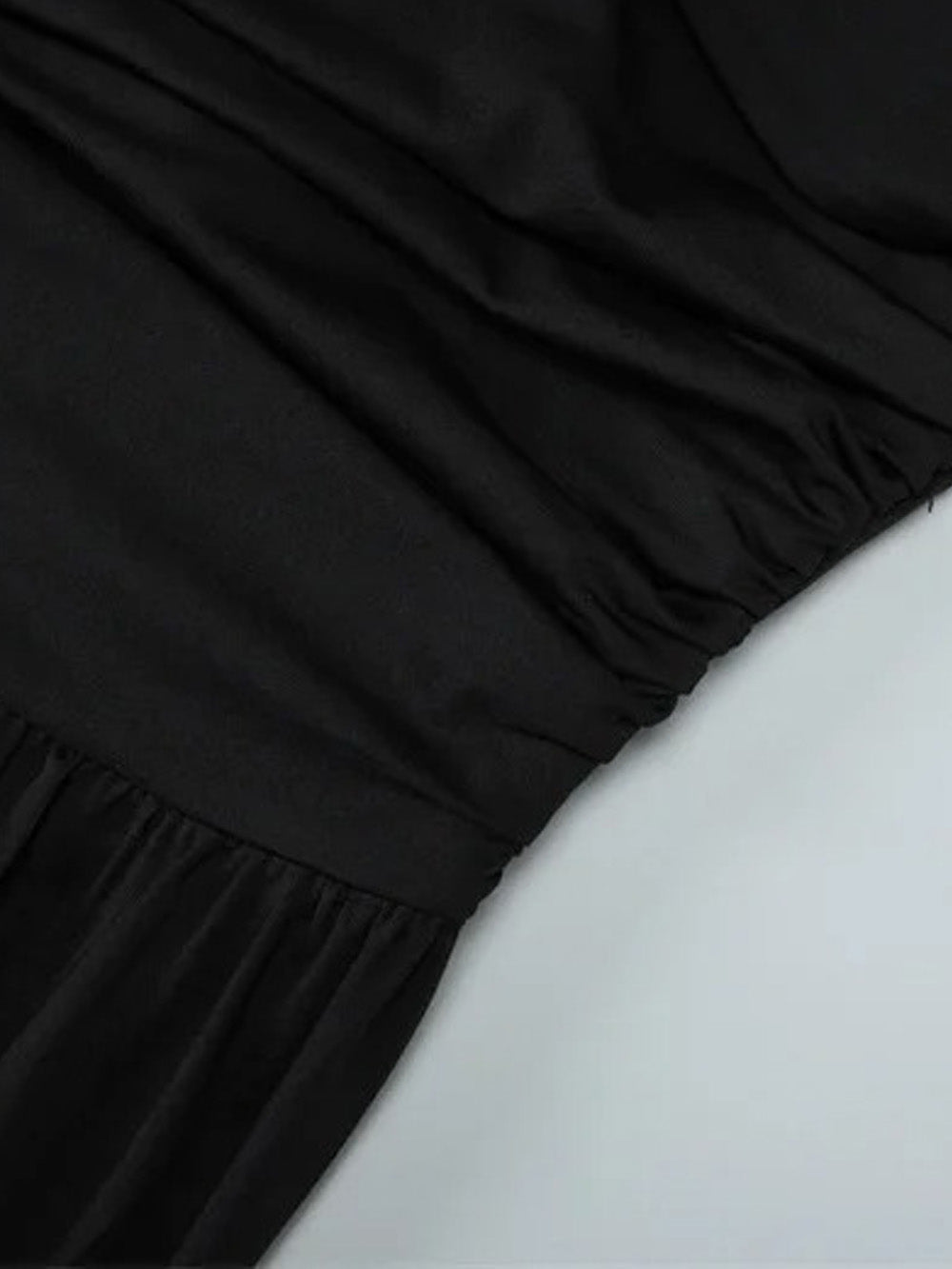Black One Shoulder Ruched Bodice Pleated Drape Maxi Gown