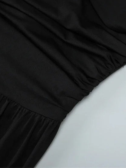 Black One Shoulder Ruched Bodice Pleated Drape Maxi Gown