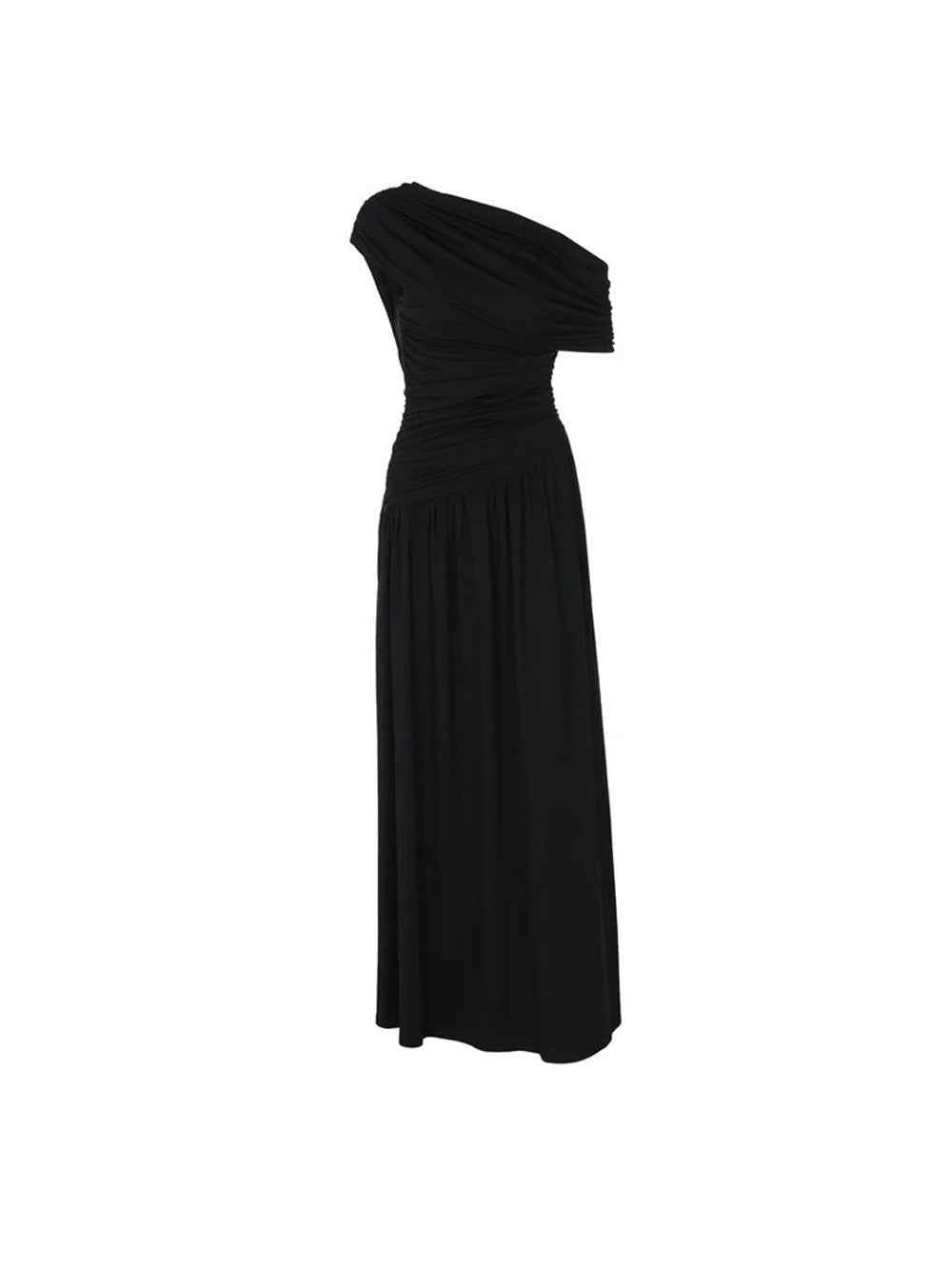 Black One Shoulder Ruched Bodice Pleated Drape Maxi Gown