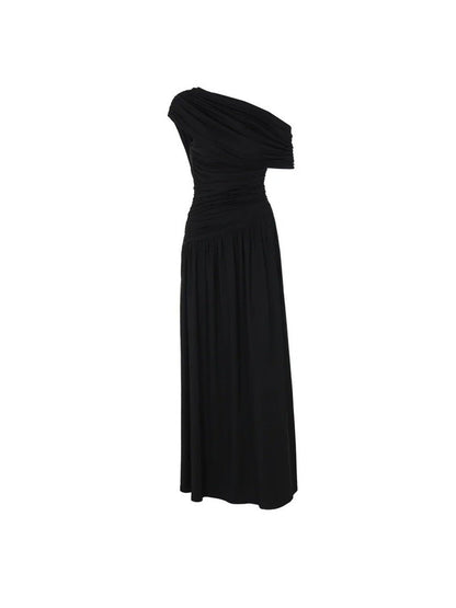 Black One Shoulder Ruched Bodice Pleated Drape Maxi Gown