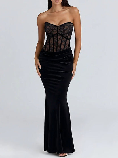 Black Velvet Lace Corset Cut Out Mock Neck Long Sleeve Mermaid Maxi Dress