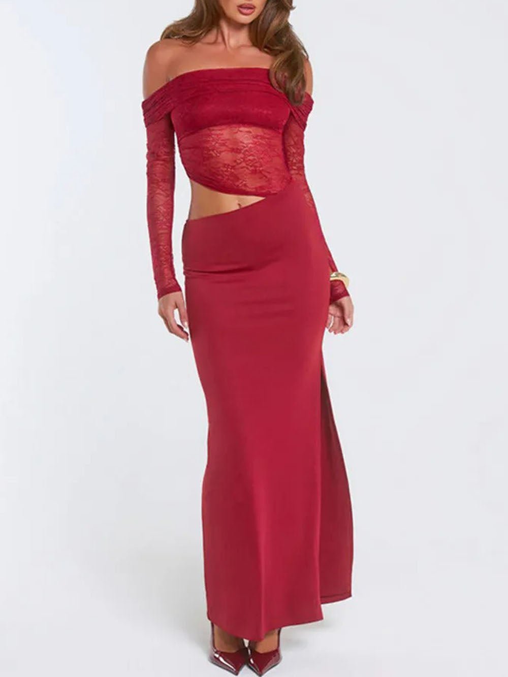 Red Lace Off Shoulder Long Sleeve Asymmetric Hem Maxi Skirt Two Piece Set