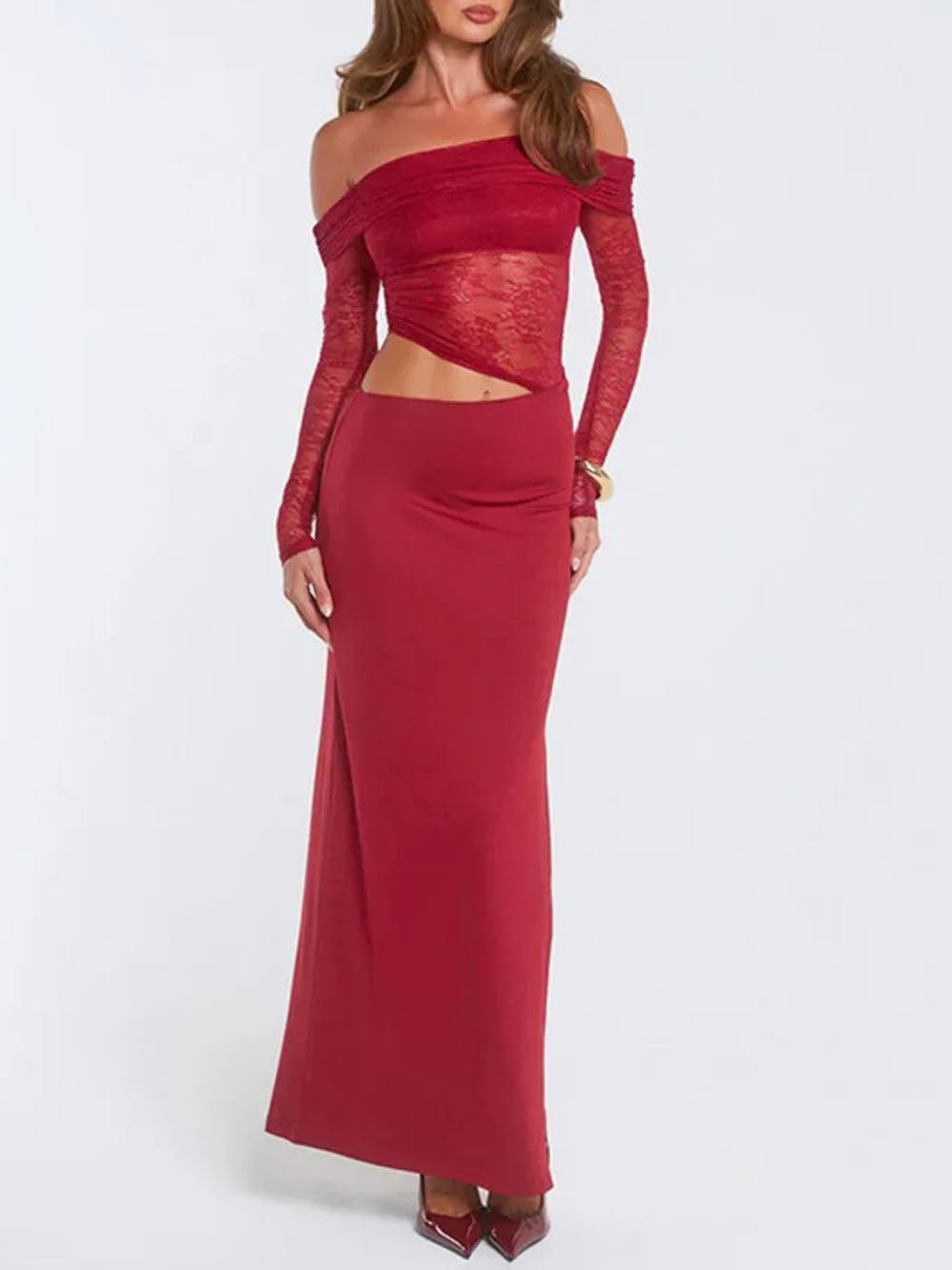 Red Lace Off Shoulder Long Sleeve Asymmetric Hem Maxi Skirt Two Piece Set