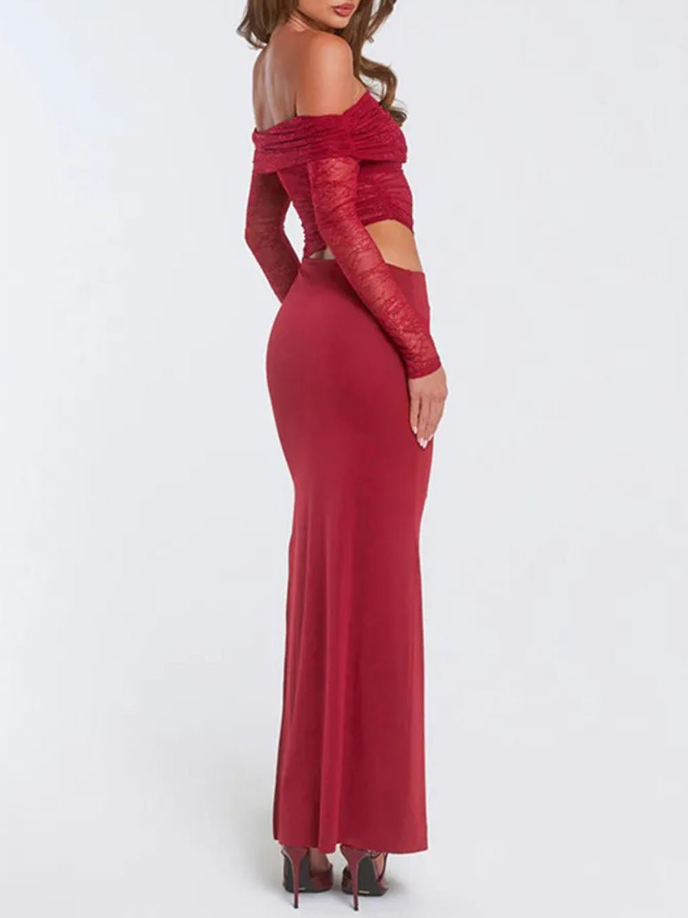 Red Lace Off Shoulder Long Sleeve Asymmetric Hem Maxi Skirt Two Piece Set