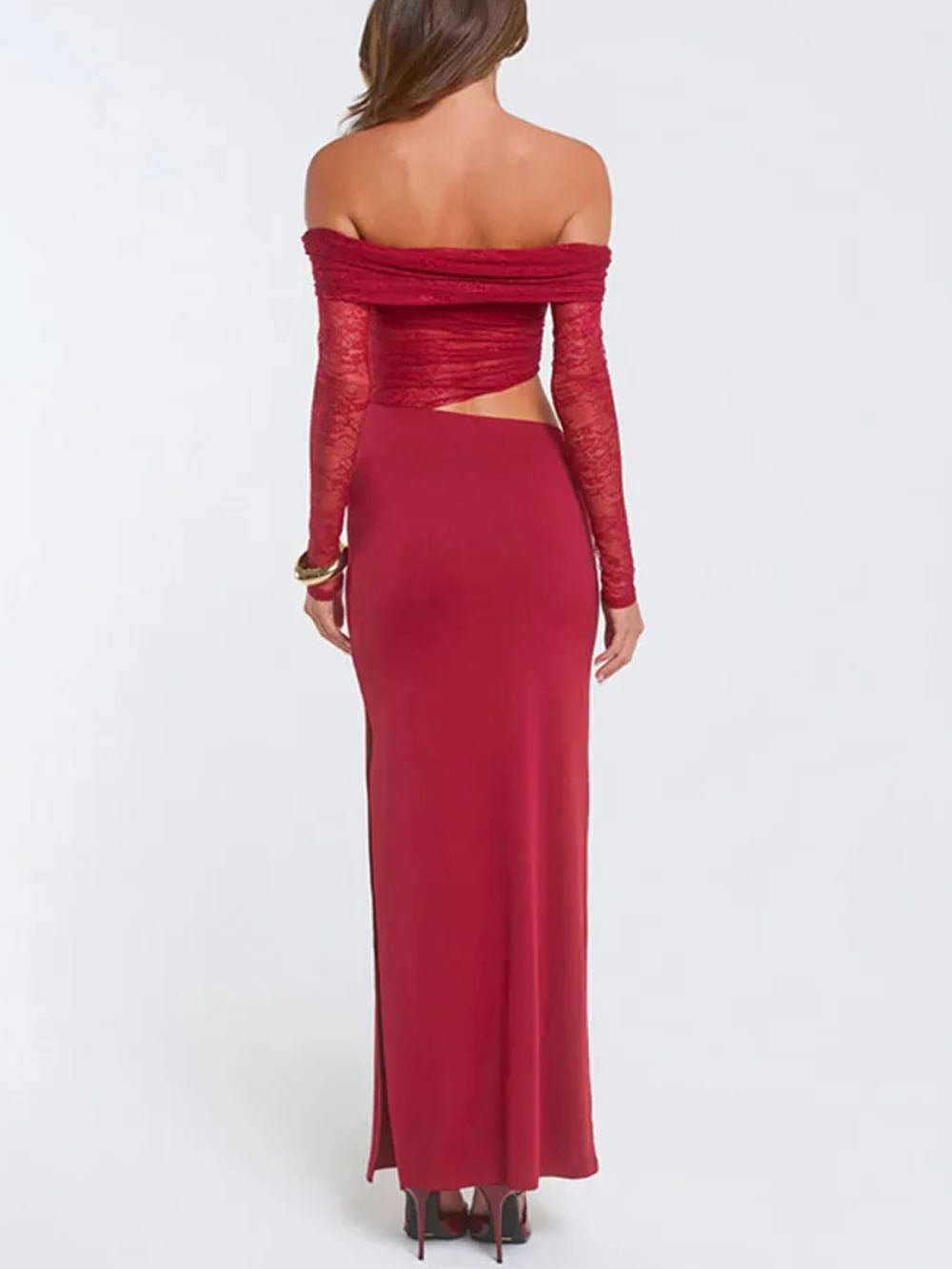 Red Lace Off Shoulder Long Sleeve Asymmetric Hem Maxi Skirt Two Piece Set