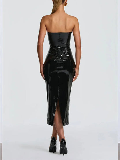 Black Strapless Patent Bustier Bodycon Midi Dress