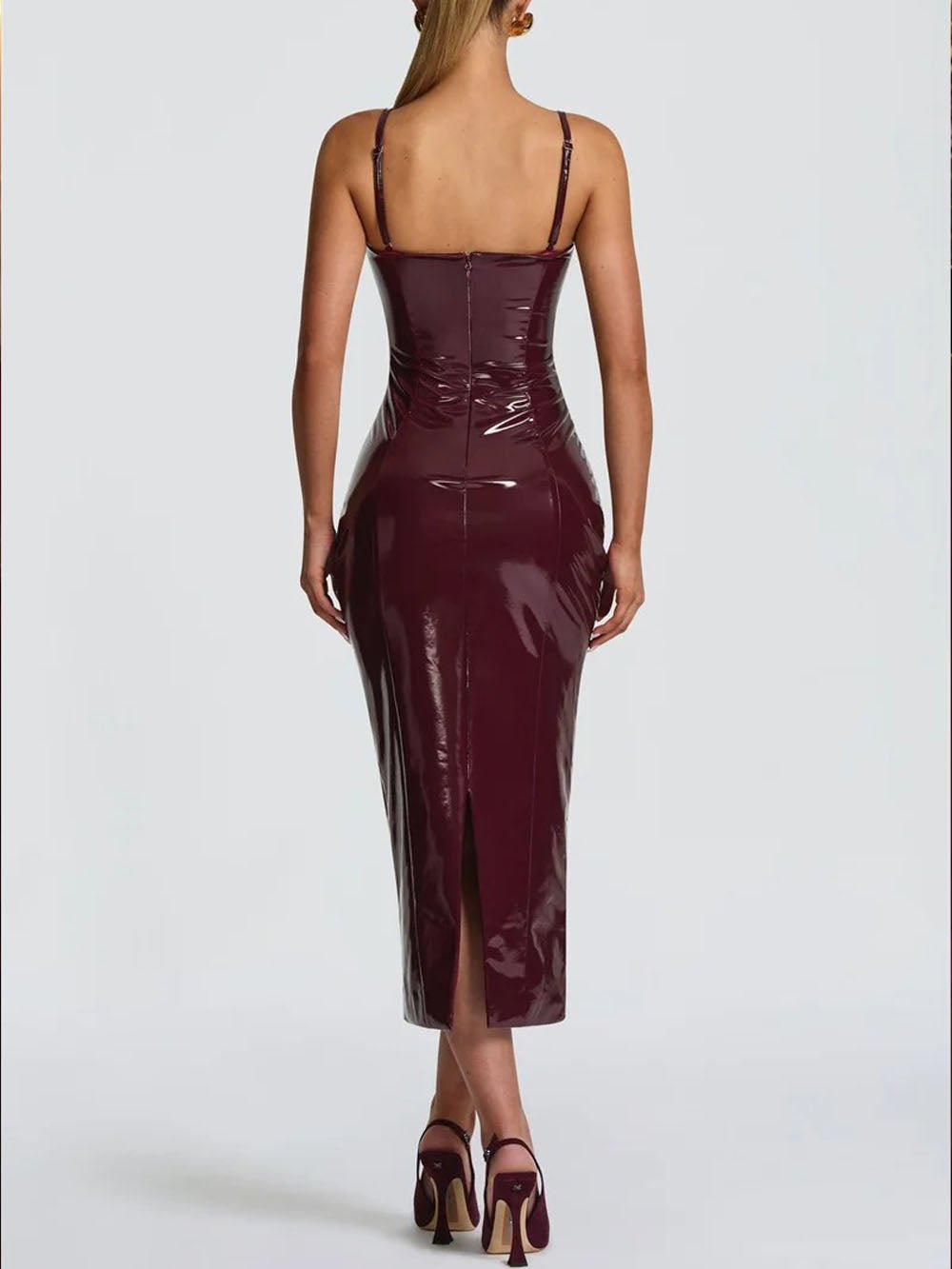 Red Strapless Patent Bustier Bodycon Midi Dress